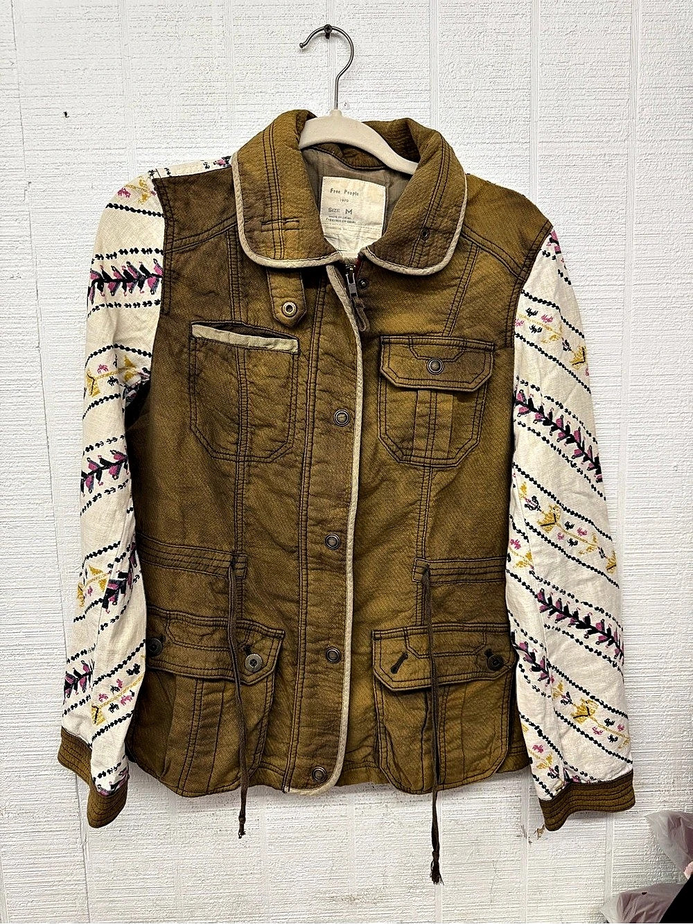 Free People Mixed Media Military Field Jacket Brown & White Medium